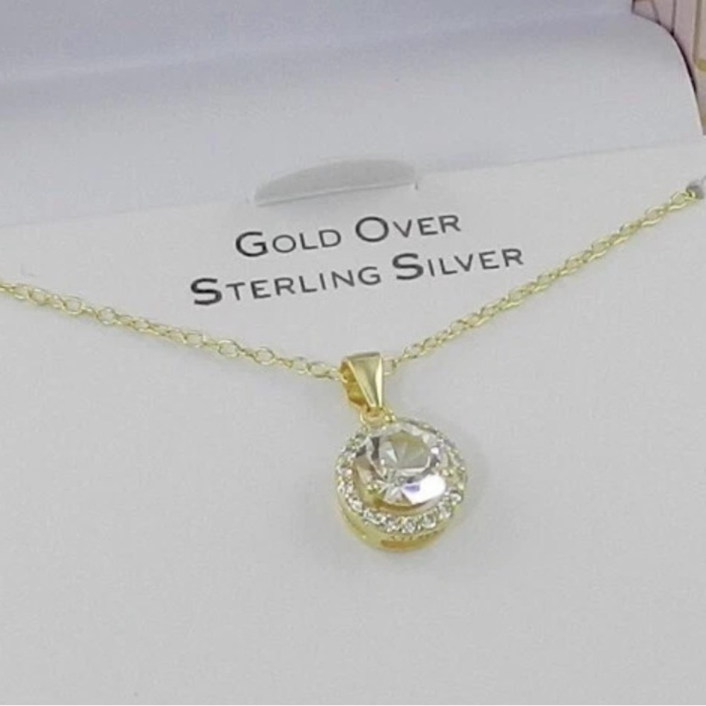 Gold Over Sterling Silver Necklace Swarovski Crystal Halo Pendant
